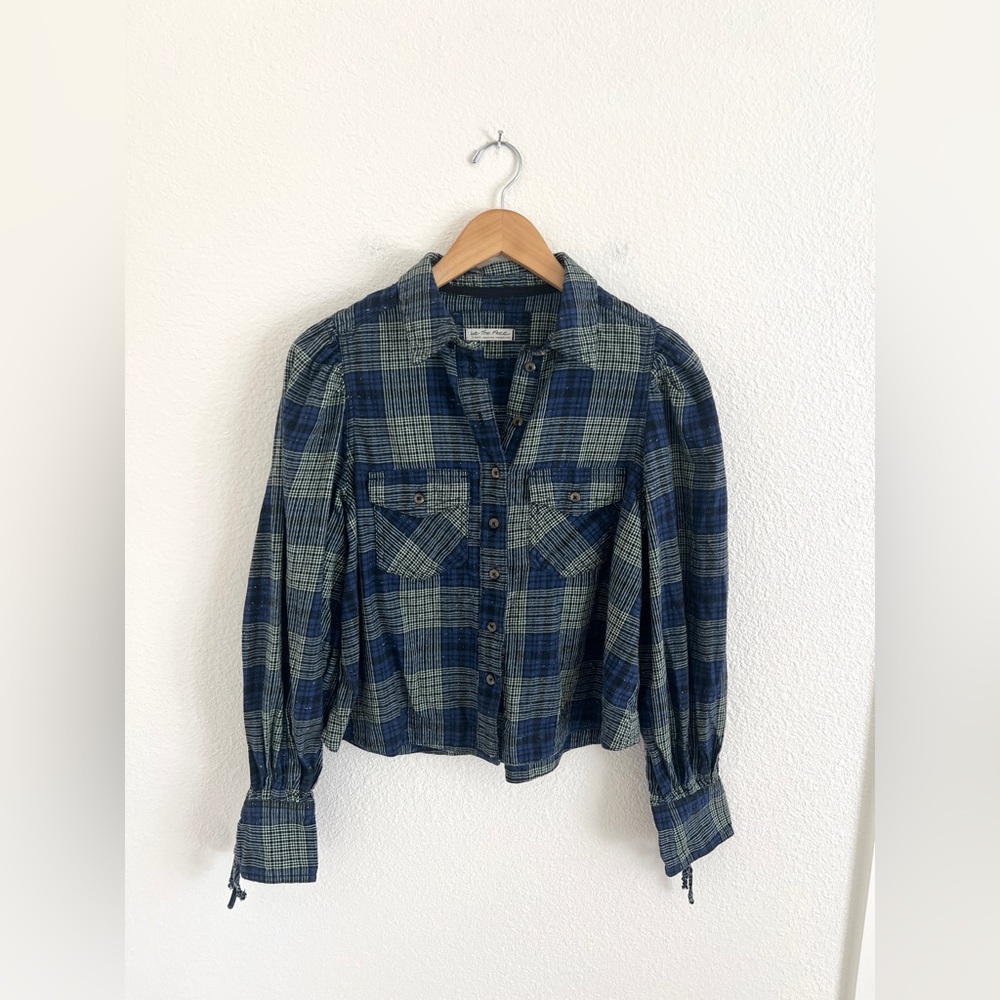 FREE PEOPLE blue sun city plaid puff sleeve top grunge preppy / size XS - Picture 2 of 8